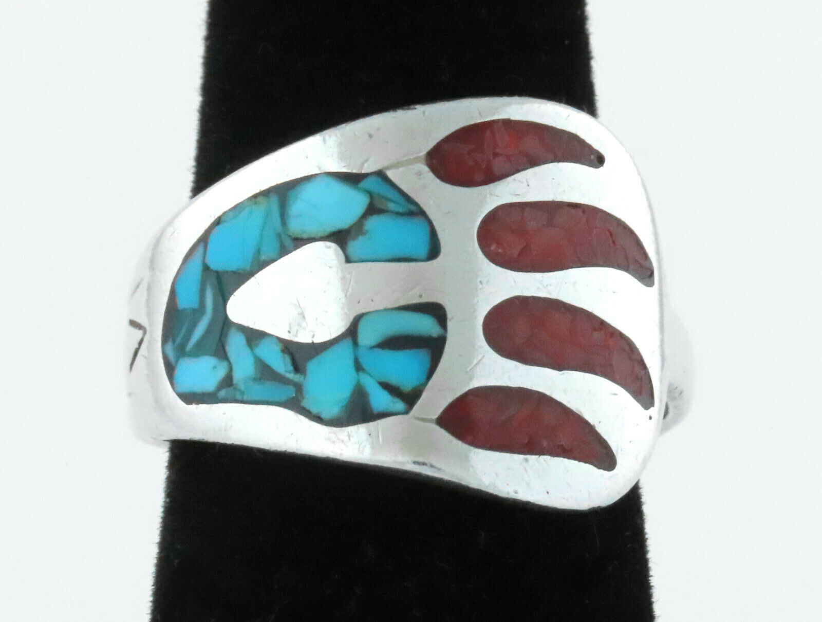 * Navajo - Bear Paw Turquoise & Coral Chip Inlay Sterling Silver Ring - Size 8.5