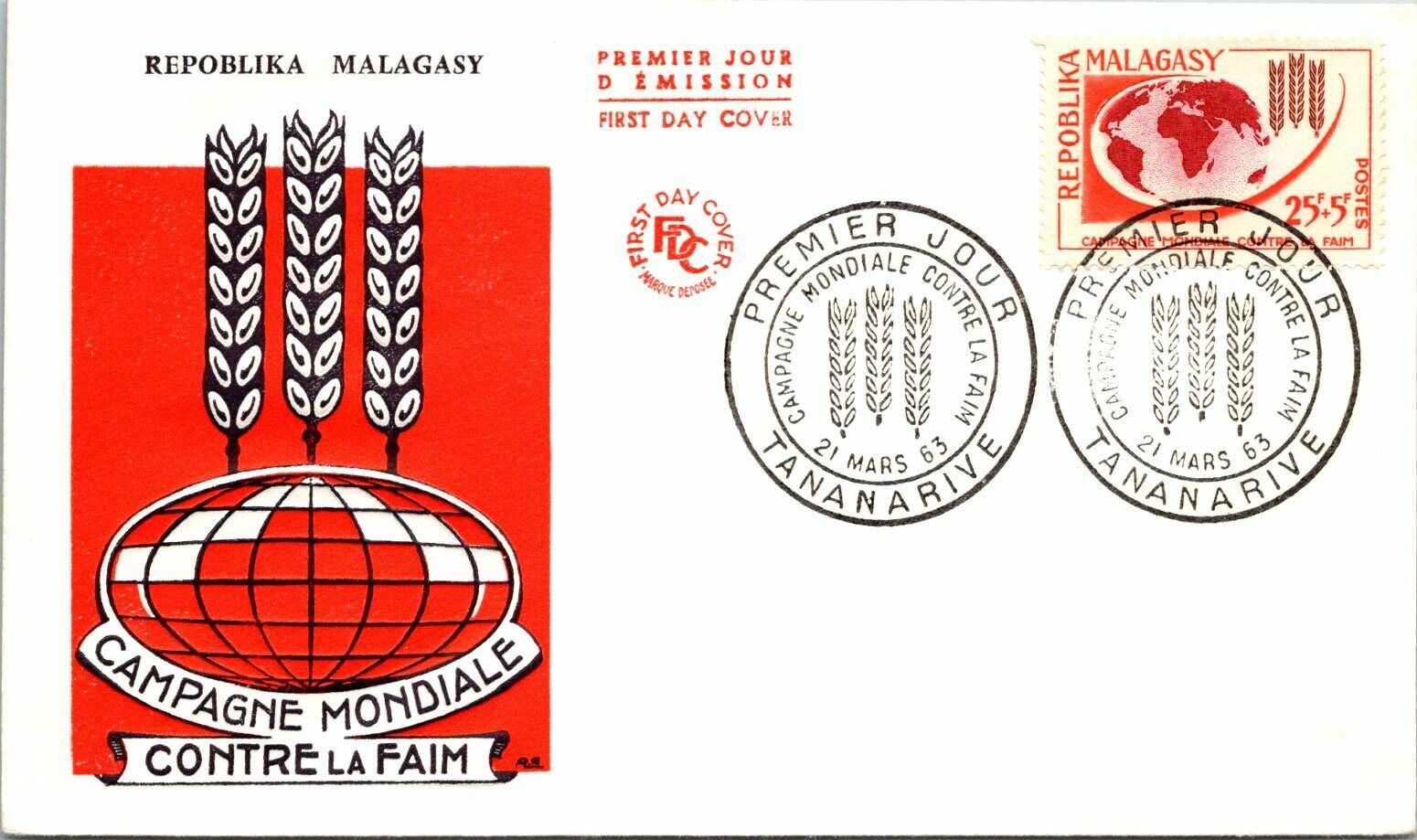 1963 Madagascar - Campaign Against Global Hunger FDC - F11335