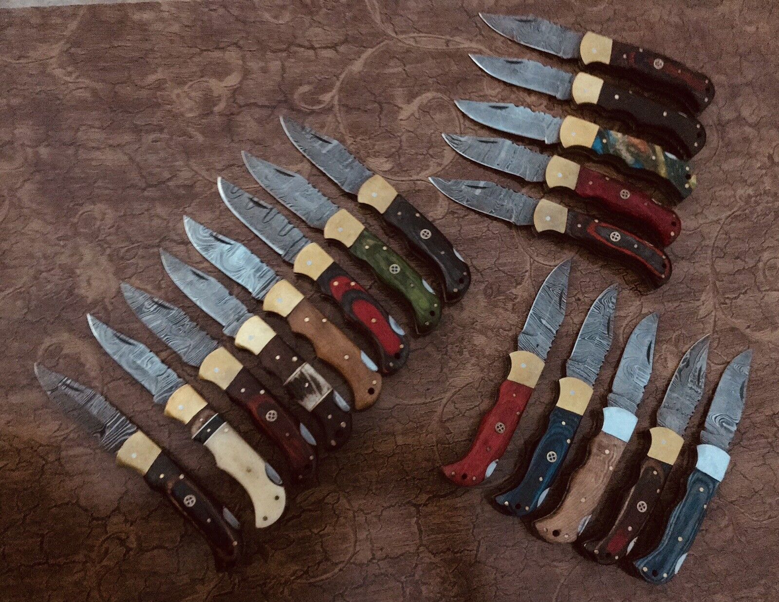 Lot Of 18 piece Custom Hand Made Damascus Steel Folding Pocket Knife.back lock.