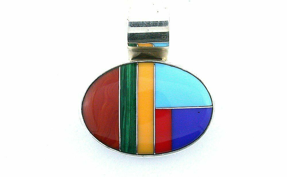 1 1/5 Inch Zuni Sterling VHC Inlay Natural Turquoise Coral Lapis Jasper Pendant