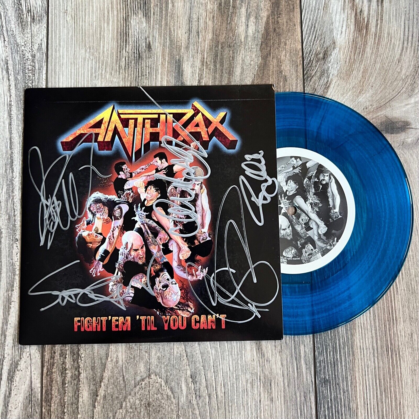 Anthrax Signed Fight Em Till You Can't Worship Music 7" Inch Blue Vinyl
