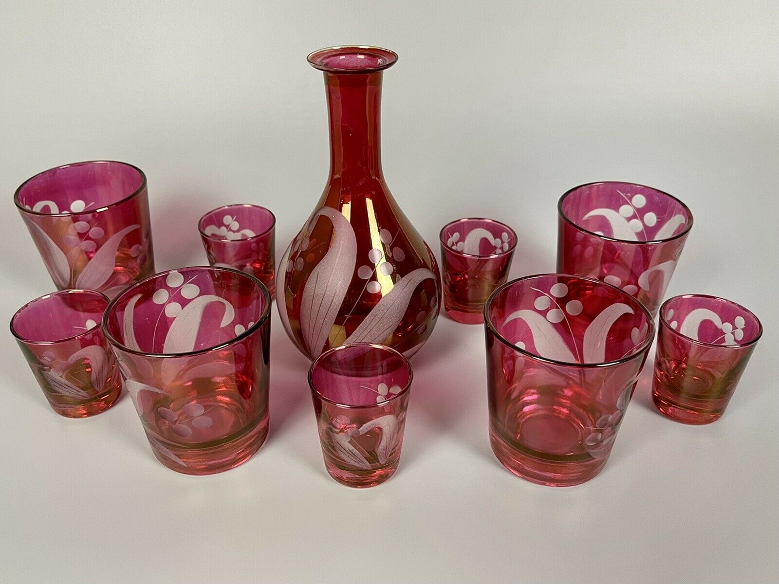 Vtg Cranberry Federal Glass Etched Berry Floral Decanter Tumblers Shot Glasses