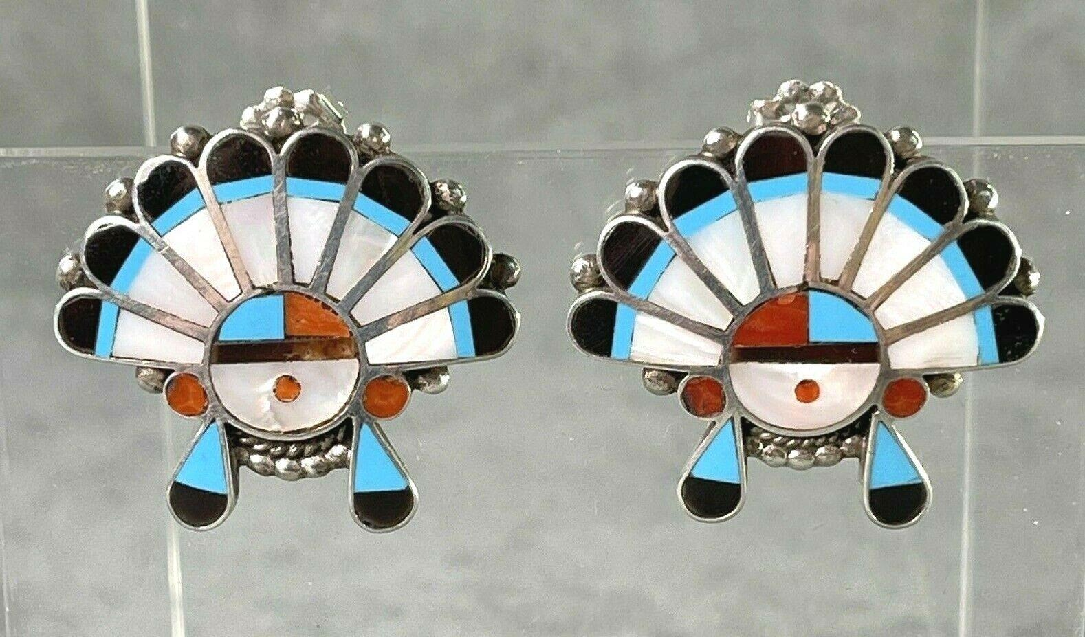 Sun Face Channel Inlay Earrings Turquoise Coral Jet Mop Multi Sterling Zuni