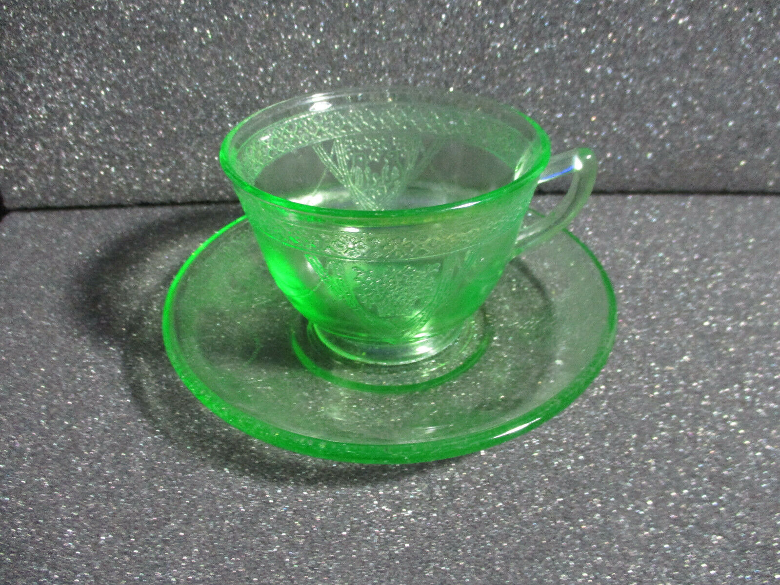 Vintage - Federal Georgian Love Bird Green Vaseline Glass Cup and Saucer
