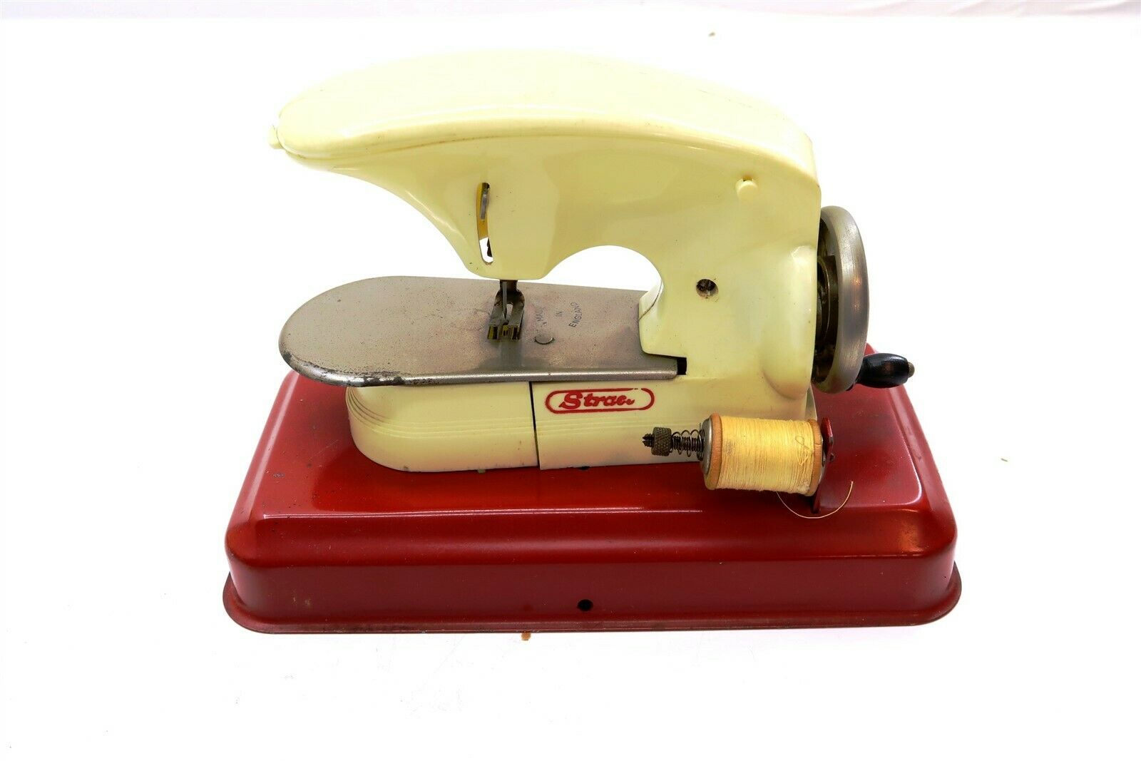 Vintage STRACO Sewing Machine Toy Miniature Hand Crank Red ~ Made in England