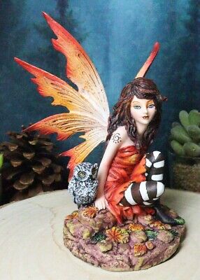 Ebros Fantasy Autumn Forest Tribal Fairy In Orange Gown With Owlet Owl Figurine