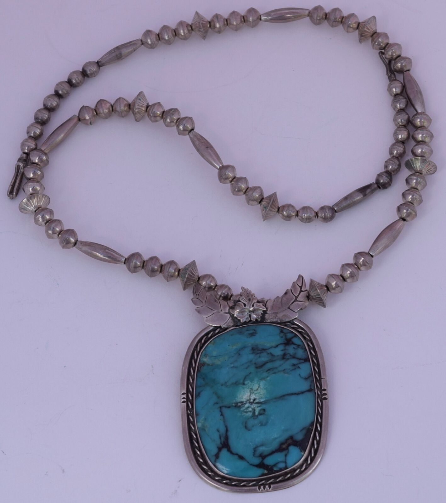 Vintage Native American Navajo sterling silver large Turquoise pendant necklace