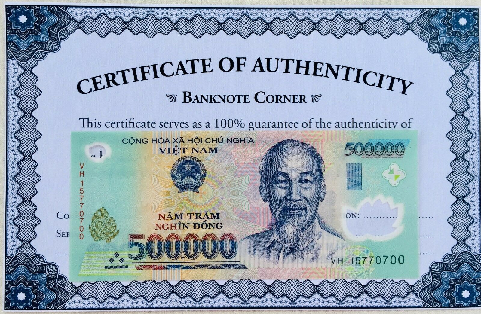 500,000 Vietnam Dong Unc 500000 Uncirculated Uv Pass Coa Authentic Certificate