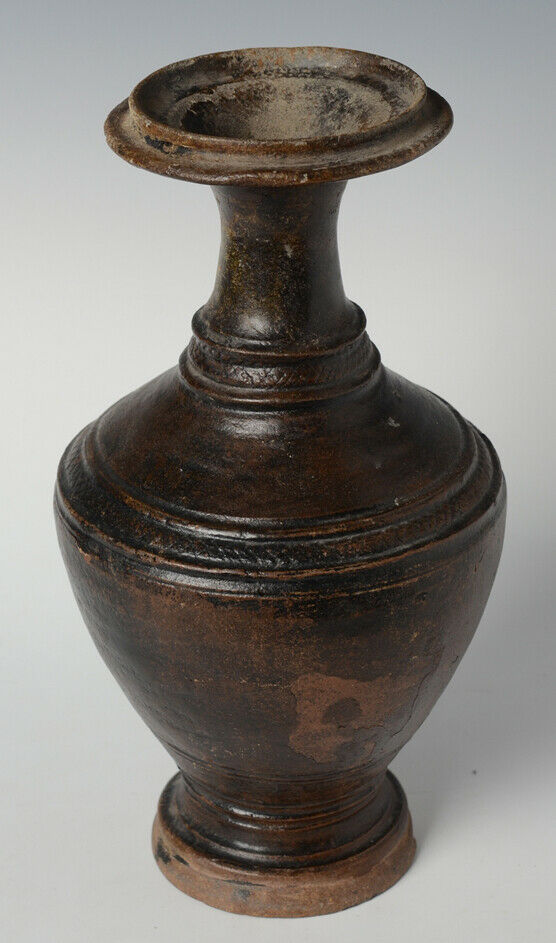 12th - 13th Century, Bayon, Antique Khmer Dark-Brown Glazed Pottery Vase