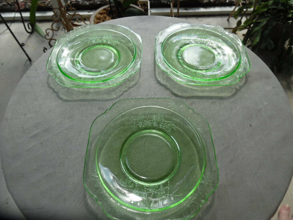 Set Of 3 Vintage Depression Glass Green Uranium Federal Sylvan Parrot Saucers