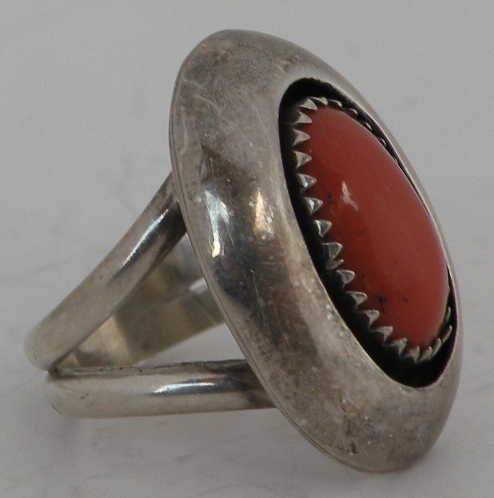 Native American, Navajo Sterling silver shadow box Coral vintage signed ring