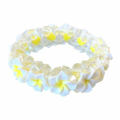 Hawaiian White Fimo Plumeria Flower With Clear Beads Elastic Bracelet