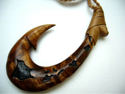 Genuine Koa Wood Hawaiian Jewelry Fish Hook Maori Hei Matau Pendant  #45016