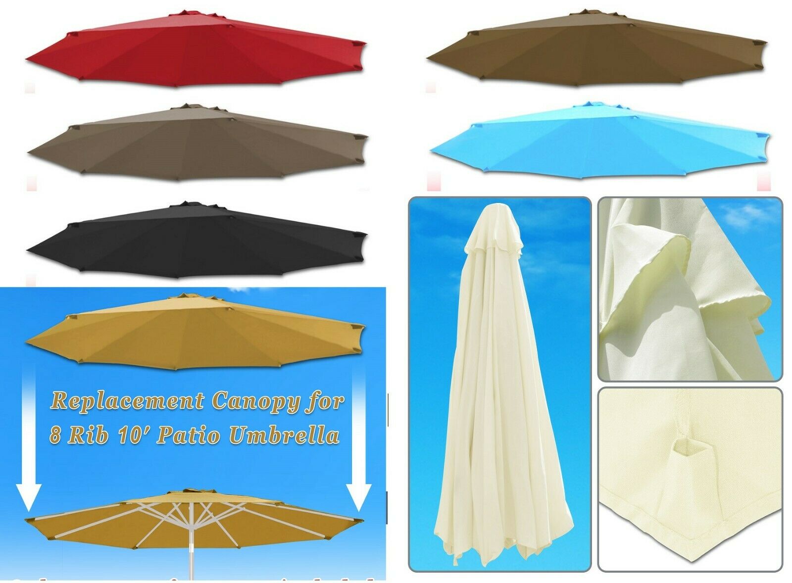 10ft 8-rib Patio Umbrella Cover Canopy Replacement Top Outdoor