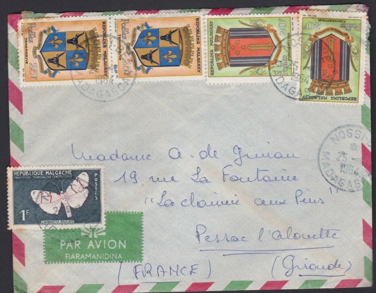 1964 MADAGASCAR MALAGASY Multi Stamp Air Mail Postal Cover to France