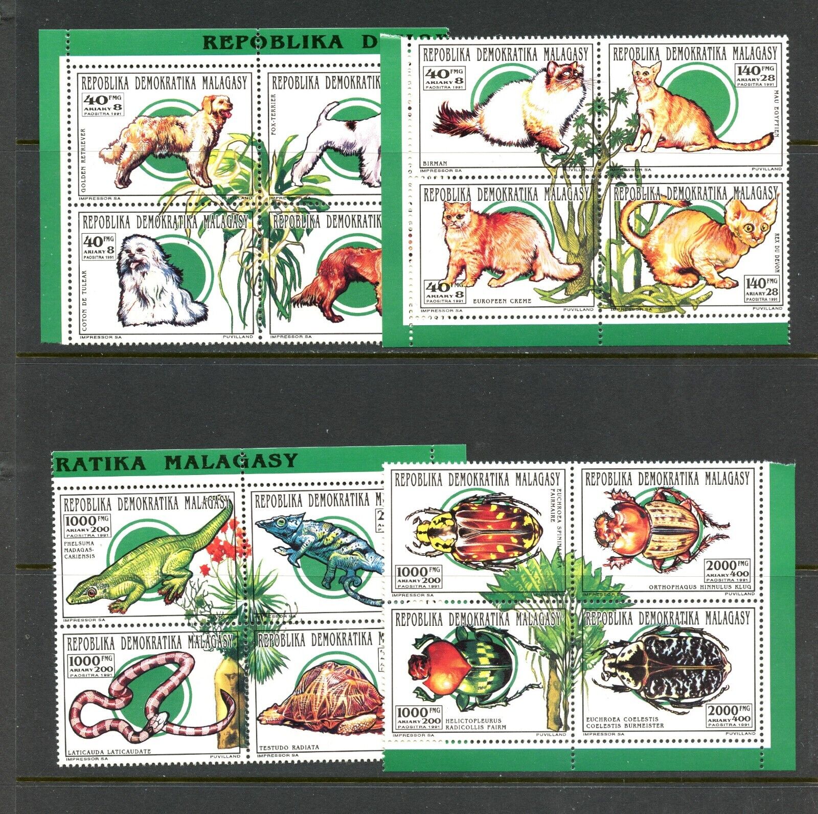 N755   Malagasy   1993   Dogs, Cats,  Reptiles & Beetles   Blocks Of 4  Mnh