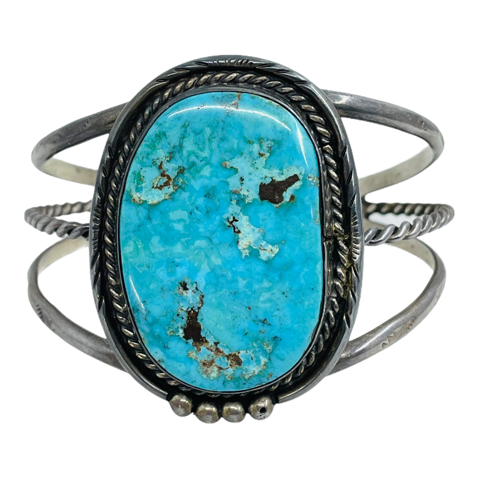 Navajo Vintage Sterling Silver Turquoise Southwest Stamped Pattern Cuff Bracelet