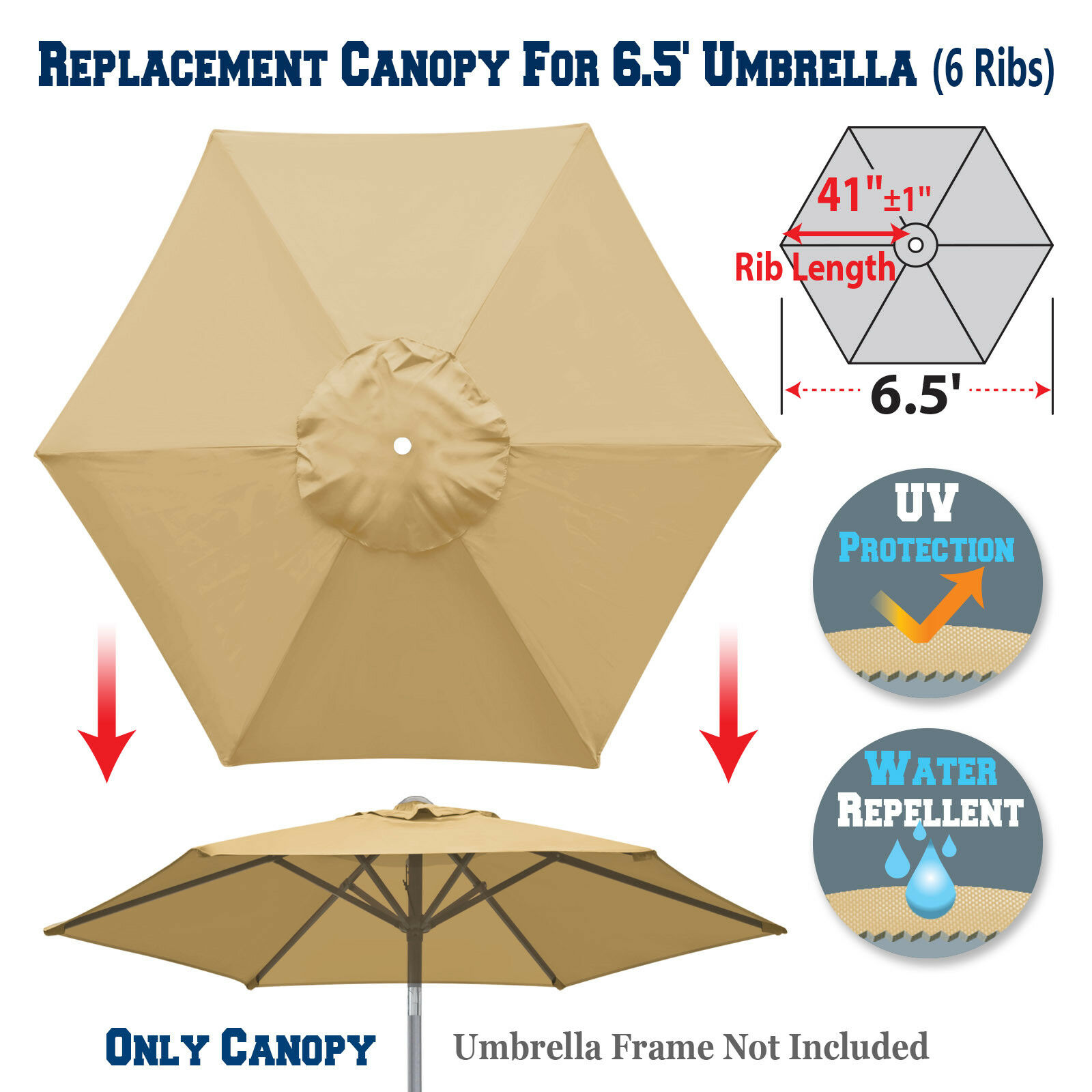 6.5ft Patio Umbrella Replacement Canopy 6 Rib Parasol Top Cover Outdoor Market