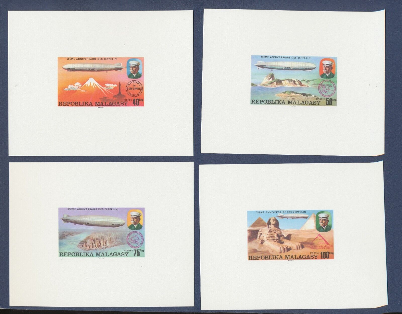 MALAGASY - Scott 545-548, C158-C159 - MNH proof cards - Zeppelin, 1976, two pix