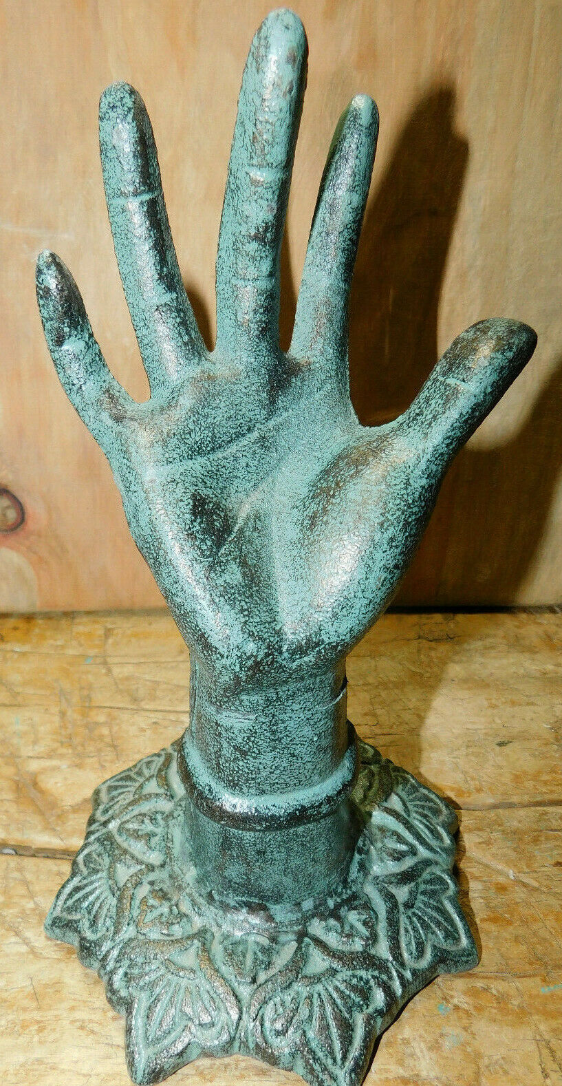 Cast Iron Hand Ring Holder Jewelry Display Home Decor Paper Weight Bookend Green