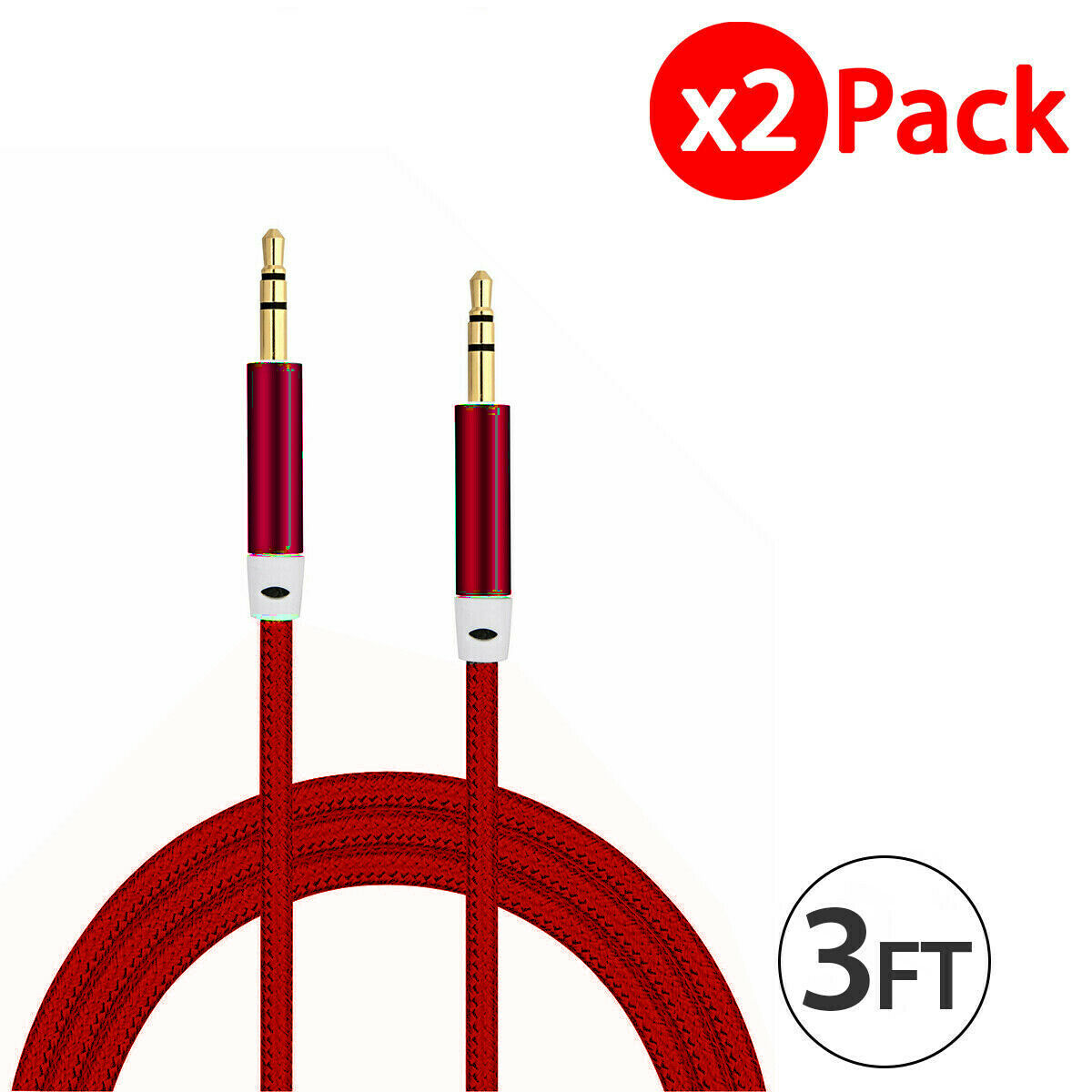 2x 3.5mm Braided Male To Male Stereo Audio Aux Cable Cord Pc Ipod Car Iphone Red