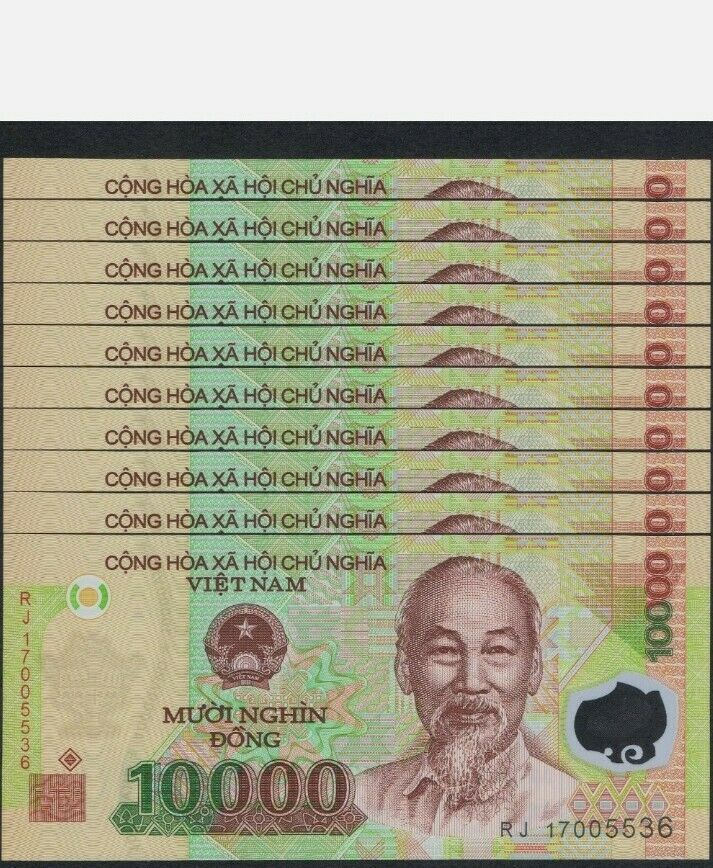 10 Pcs Vietnam 10000 (10K) Dong Banknotes Money Currency Uncirculated Polymer