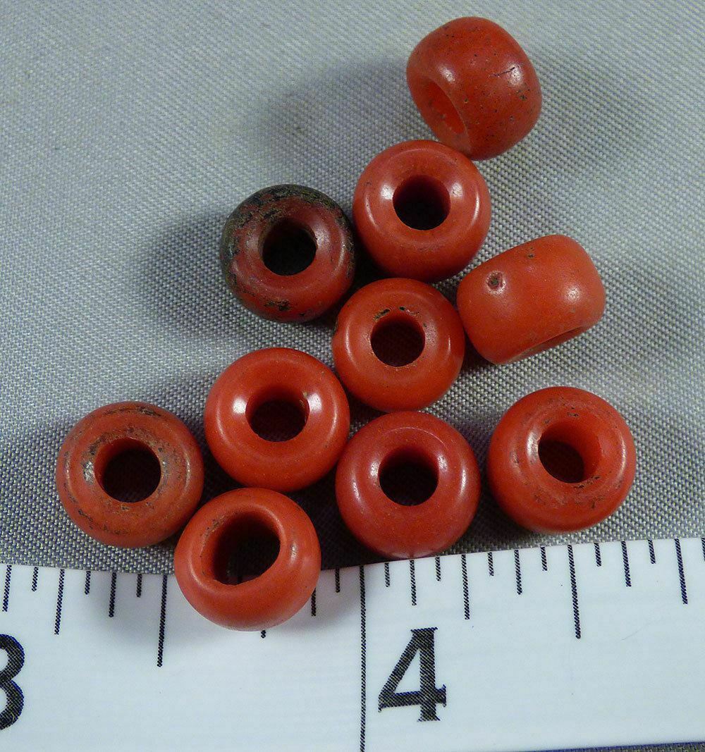(10) Sioux Indian Red Padre Glass Trade Beads 150+ Years Old