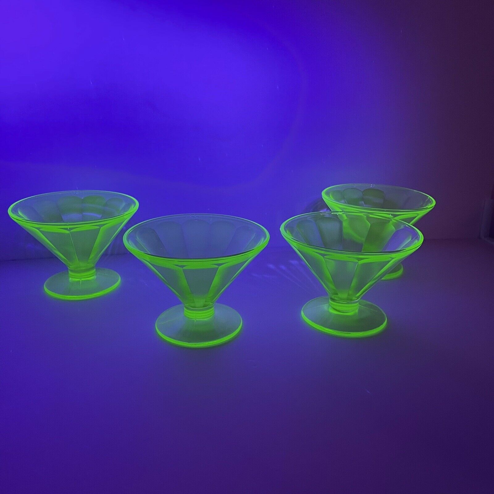 1930's Federal Green Optic Uranium Glow Depression Glass Sherbet Cups Dessert