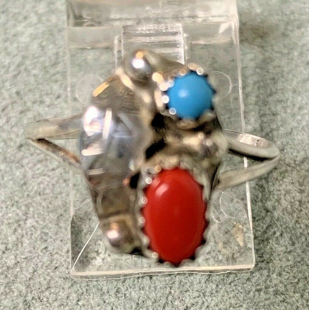 Vintage Ring Turquoise & Coral Leaf Sterling Size 5 Multi Classic Navajo