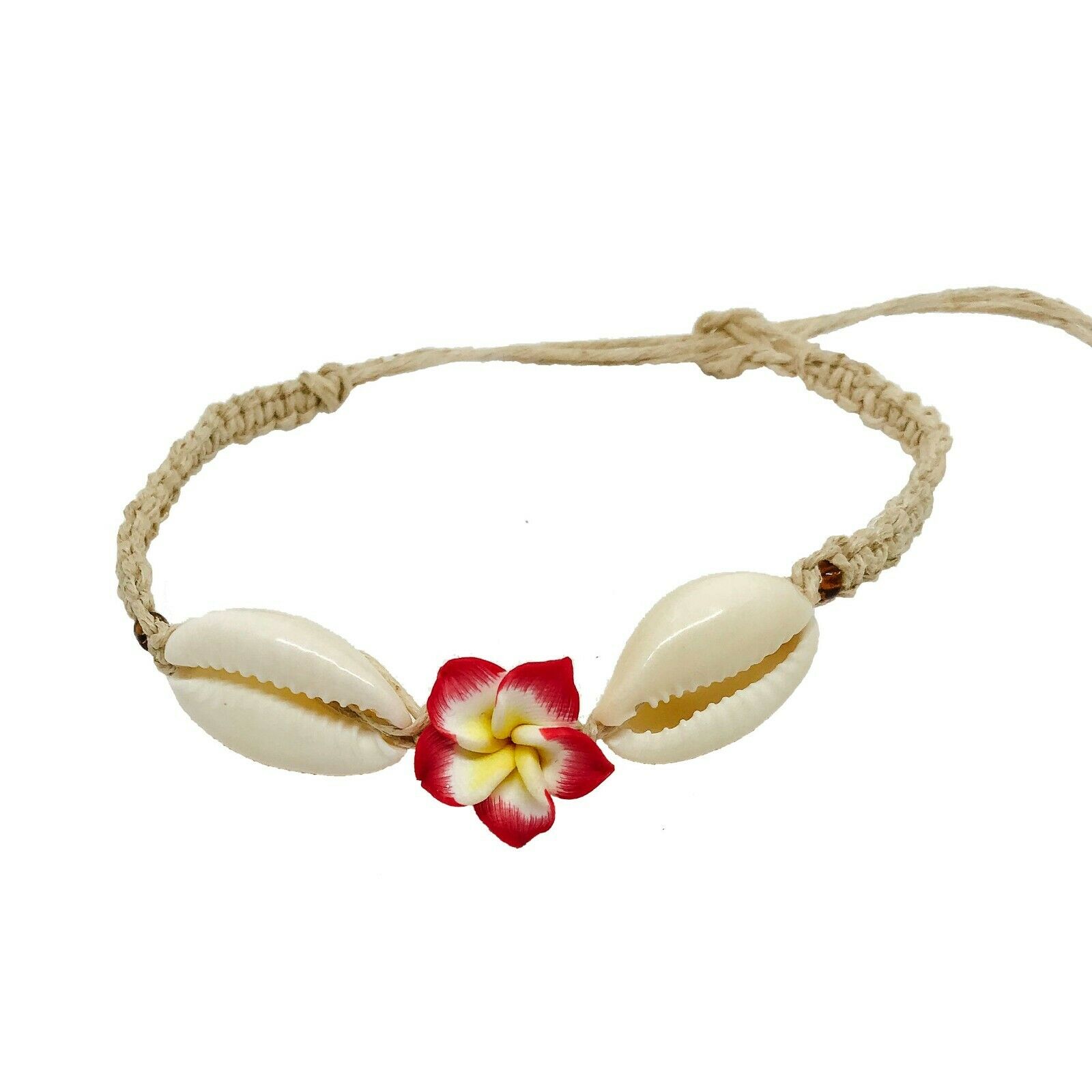 Hawaiian Jewelry Hand Tied Red Plumeria Flower and Shell Hemp Bracelet / Anklet