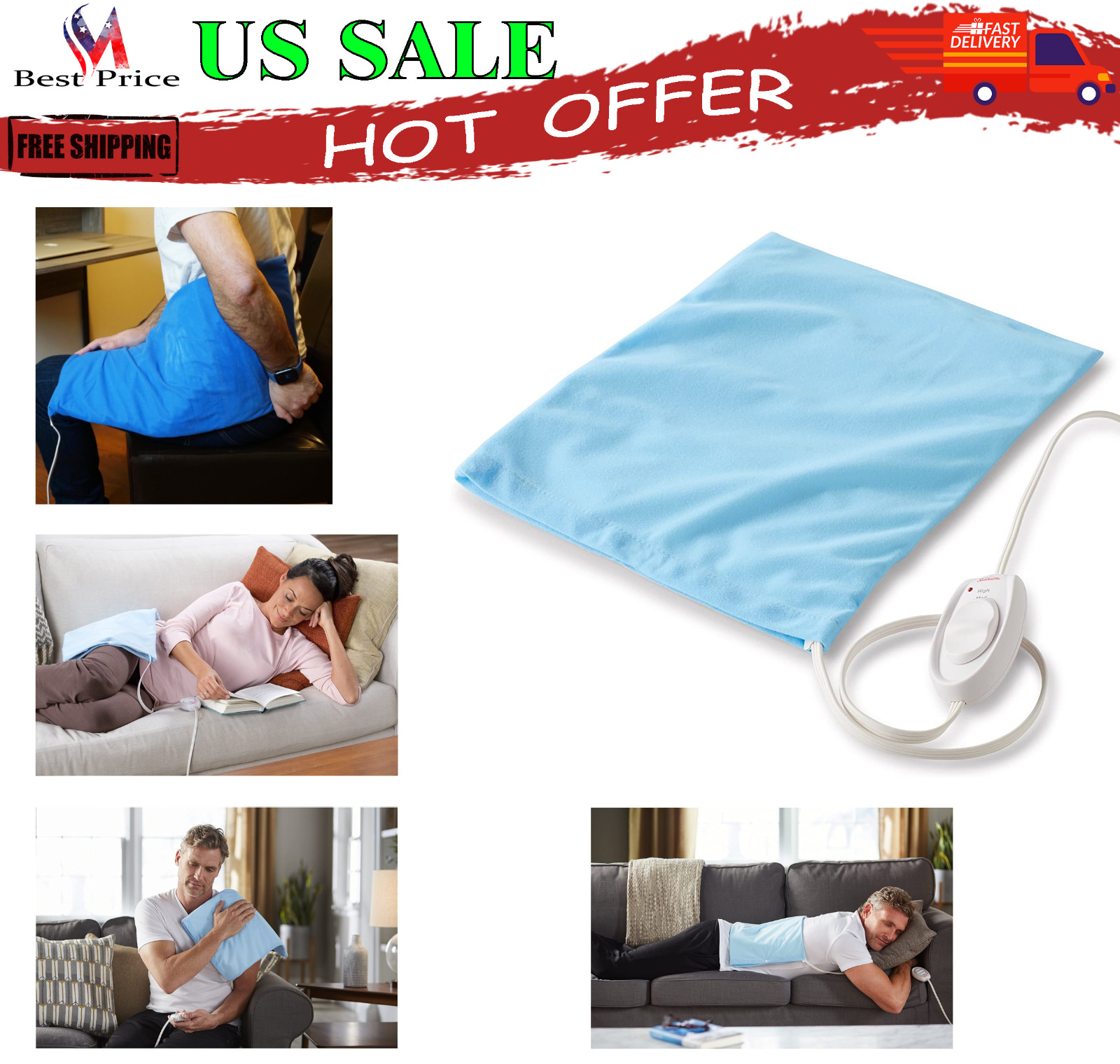 Electric Heating Pad Joint Care Back Pain Relief Sunbeam Dry Moist Heat Therapy