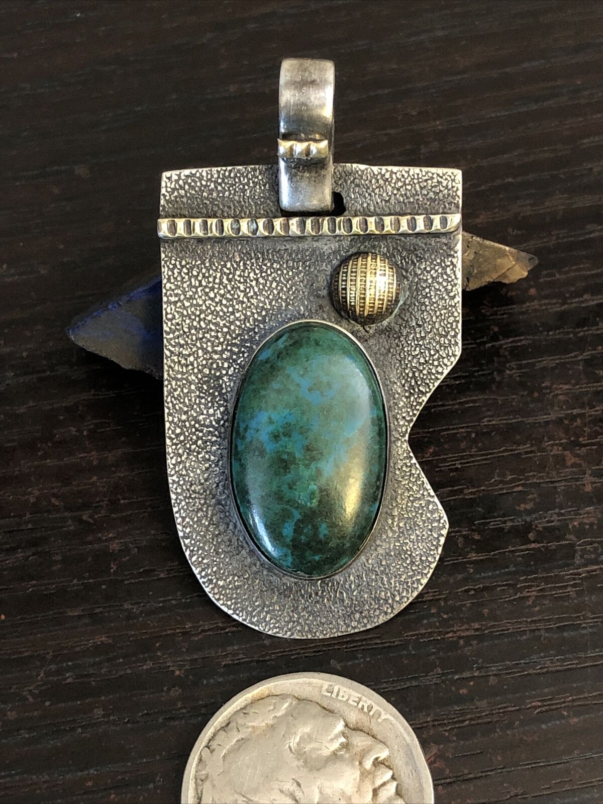 Old Green Lake Turquoise Sterling Silver Gold River Moon Ceremony Pendant 14 G