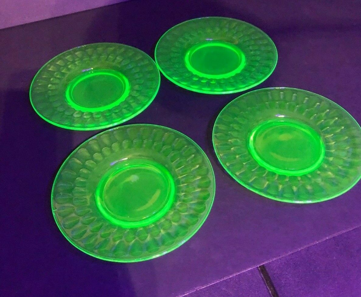 4 Green Uranium Depression 6" Saucer Thumbprint Pattern Federal Glass 1927-1930