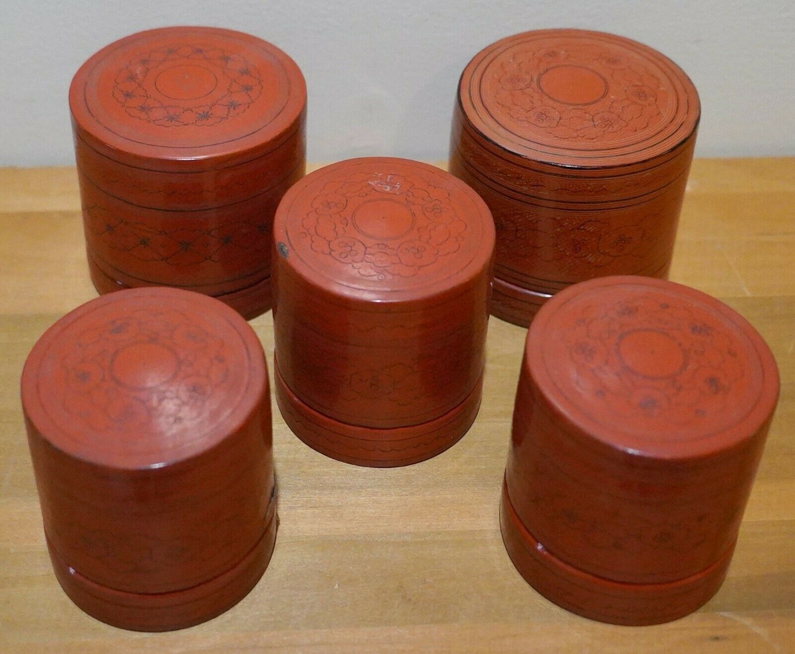 BEAUTIFUL GROUP OF FIVE (5)  ANTIQUE LACQUER SOUTHEAST ASIA BETEL NUT BOXES