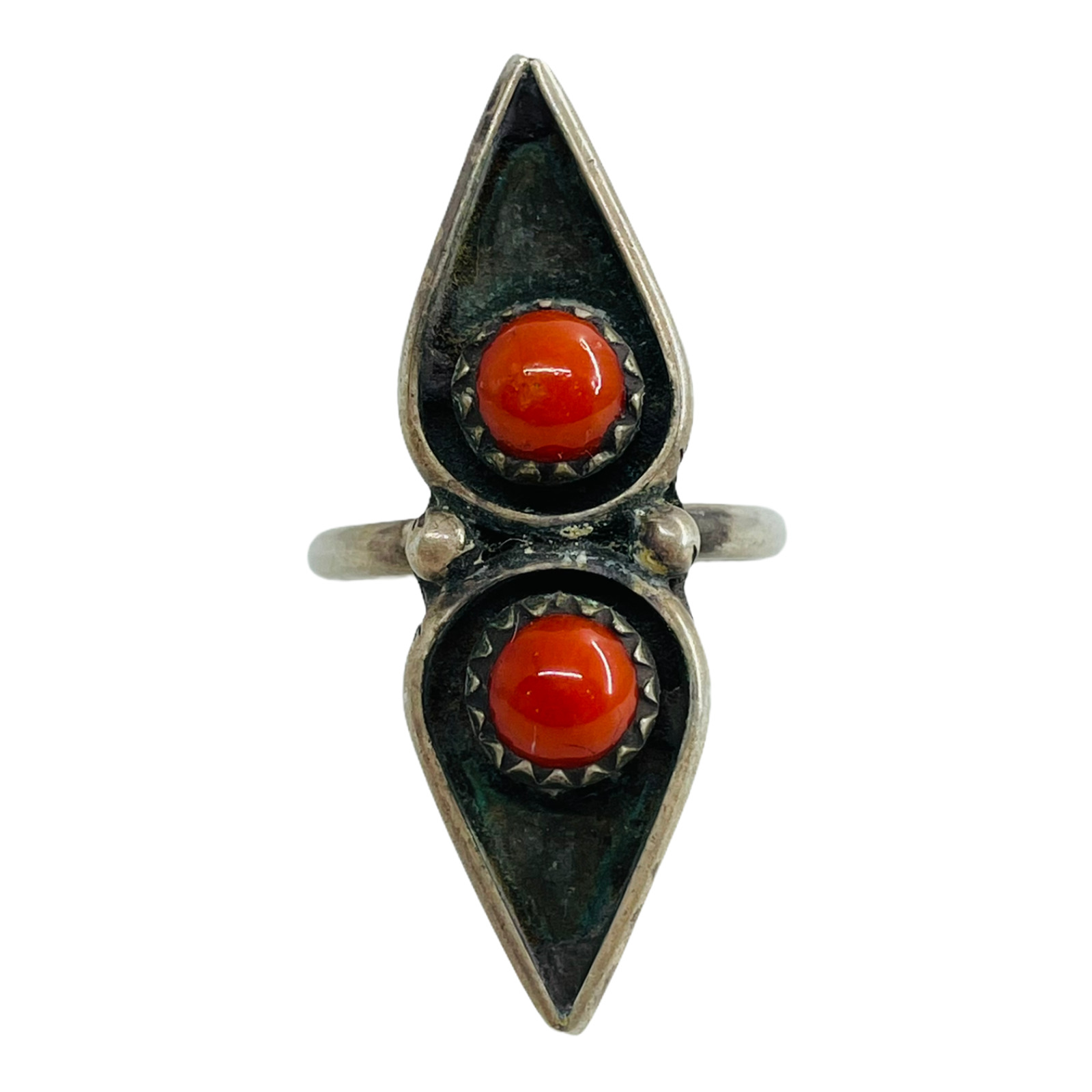 Navajo Vintage Sterling Silver & Coral 2 Stone Southwest Ring Sz 5.25
