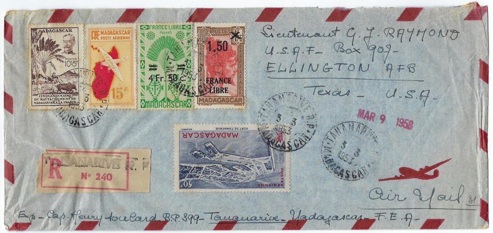MADAGASCAR 1958 US TANANARIVE AIR MAIL REGISTERED COVER MULTIFRANKED COVER TO EL