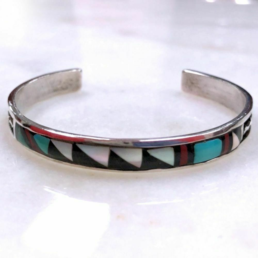 Vintage Zuni Sterling Inlay Turquoise MOP Cuff Bracelet 6