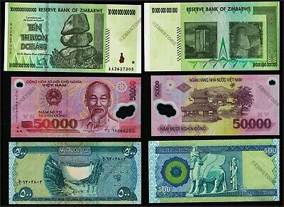 10 Trillion Dollars Zimbabwe + 50,000 Vietnam Dong + 500 Iraq Dinar Uncirculated