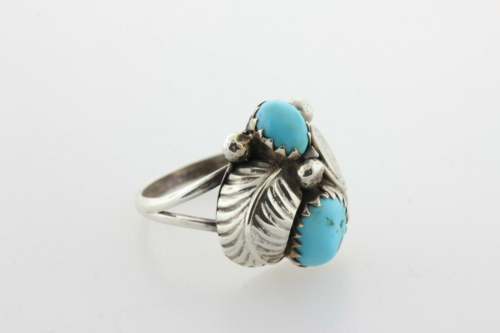 Navajo Native American Sterling Silver Turquoise Nuggets Feather Ring - Size 5.5