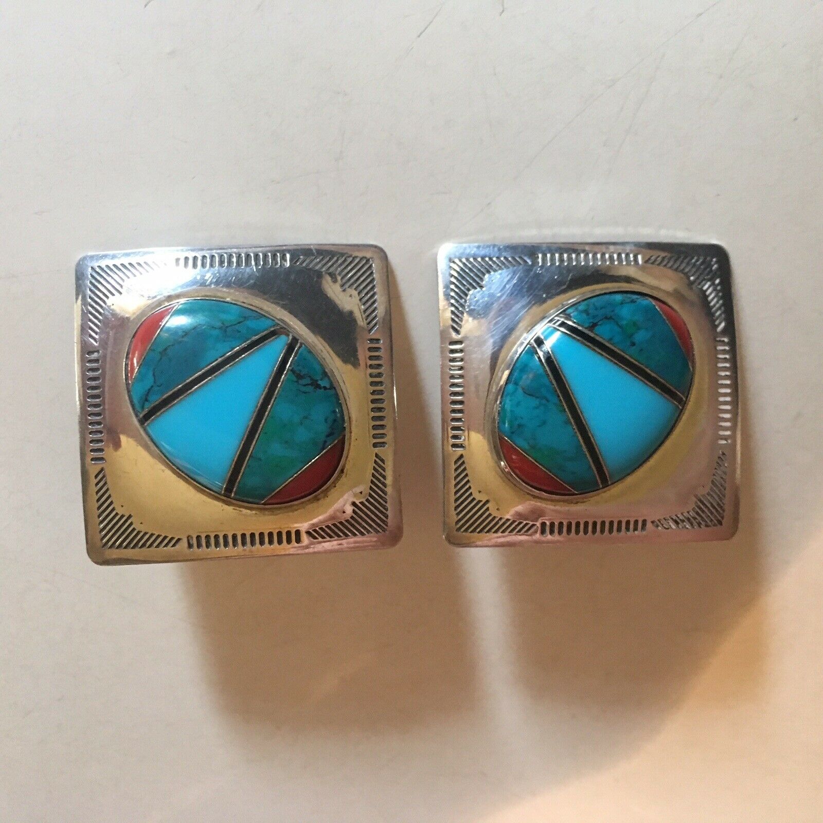 Large Sun West Silver Co Navajo Sterling Earrings Turquoise Coral Onyx Inlay