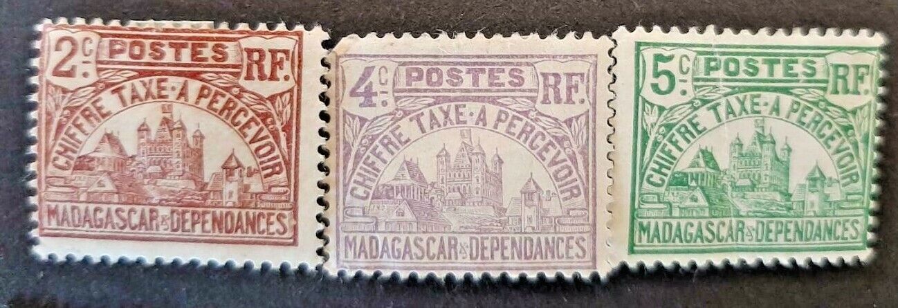 Madagascar  3 Postage Due Stamps Scott # J8, 9, 10  Sg D Series 1908-1924 - Mlh