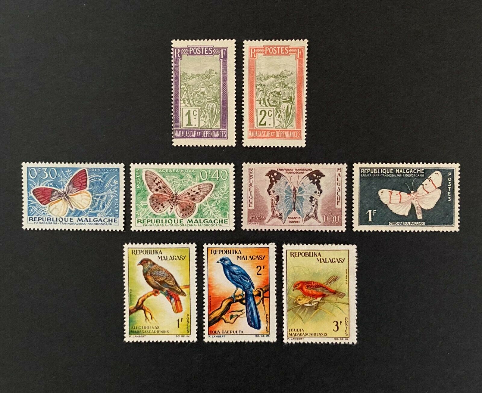 Madagascar Stamps, 1908-1963 - 9 Mint Hinged - Butterflies, Birds, Sedan Chair