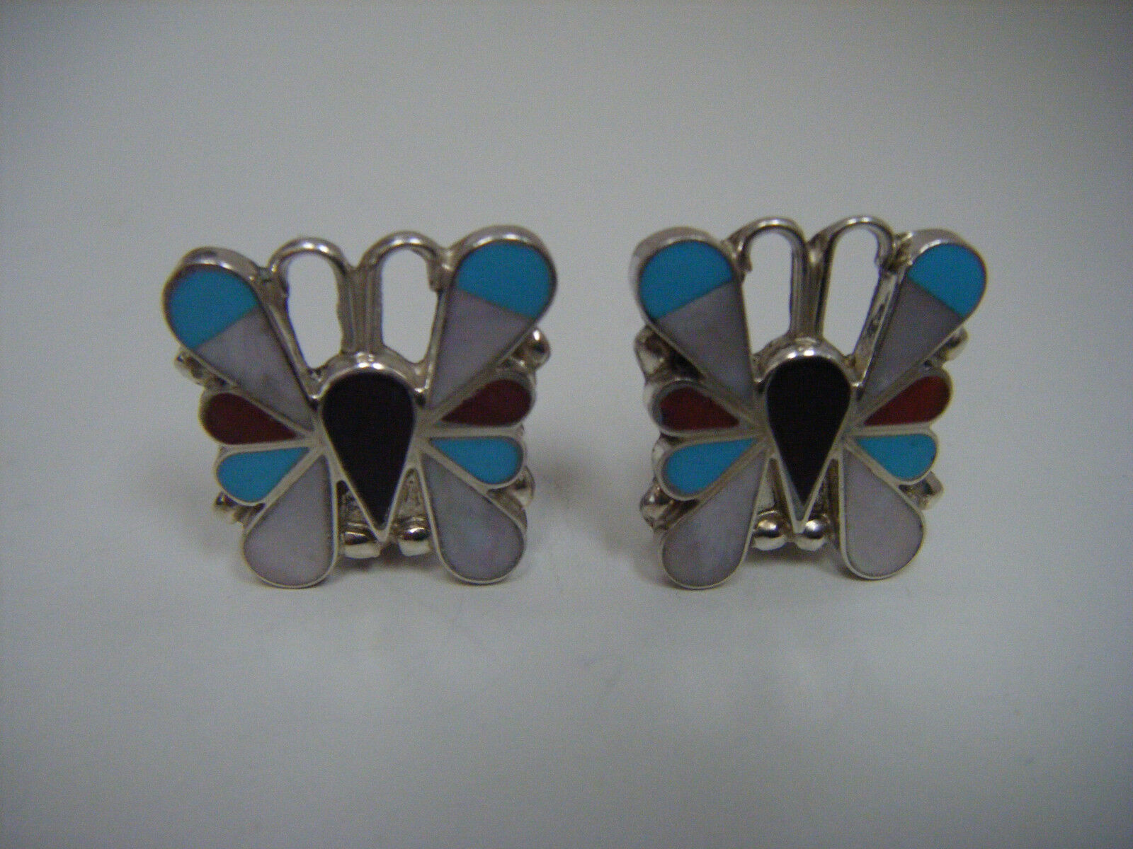 Native American Sterling Silver Multi Stone Inlay Butterfly Clip-on Earrings
