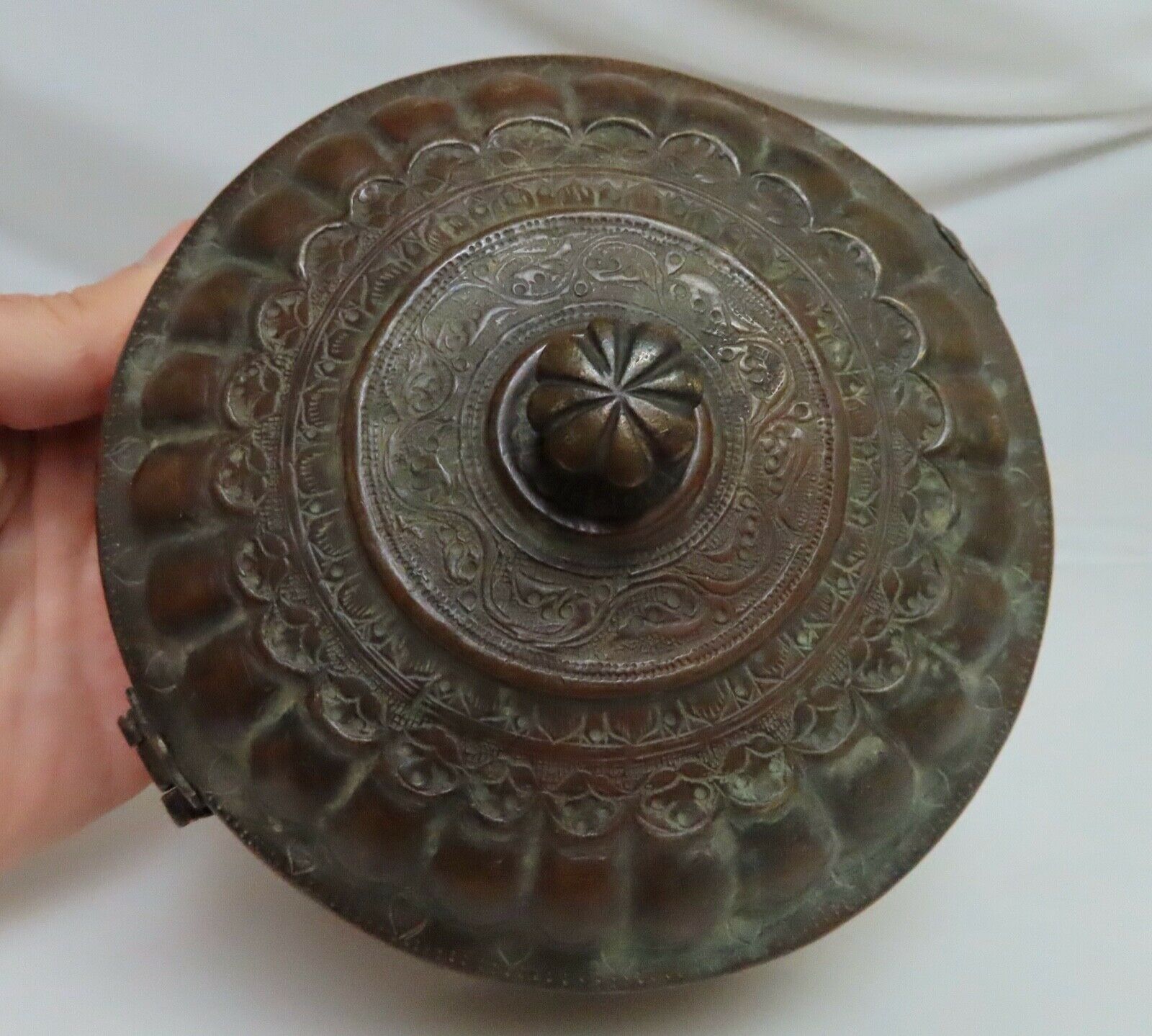 Antique Tooled Round Bronze Betel Nut Box - 81092