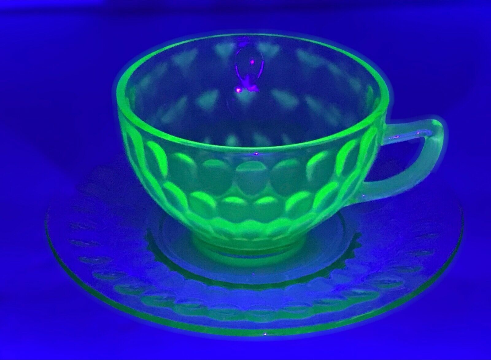 Federal Glass Green Depression Glass Cup & Saucer Set Uranium Thumb Print 1930s