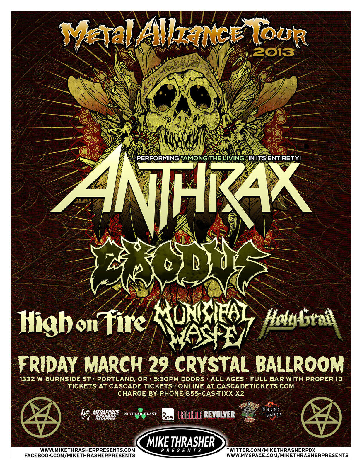 Anthrax /exodus /high On Fire /municipal Waste 2013 Portland Concert Tour Poster