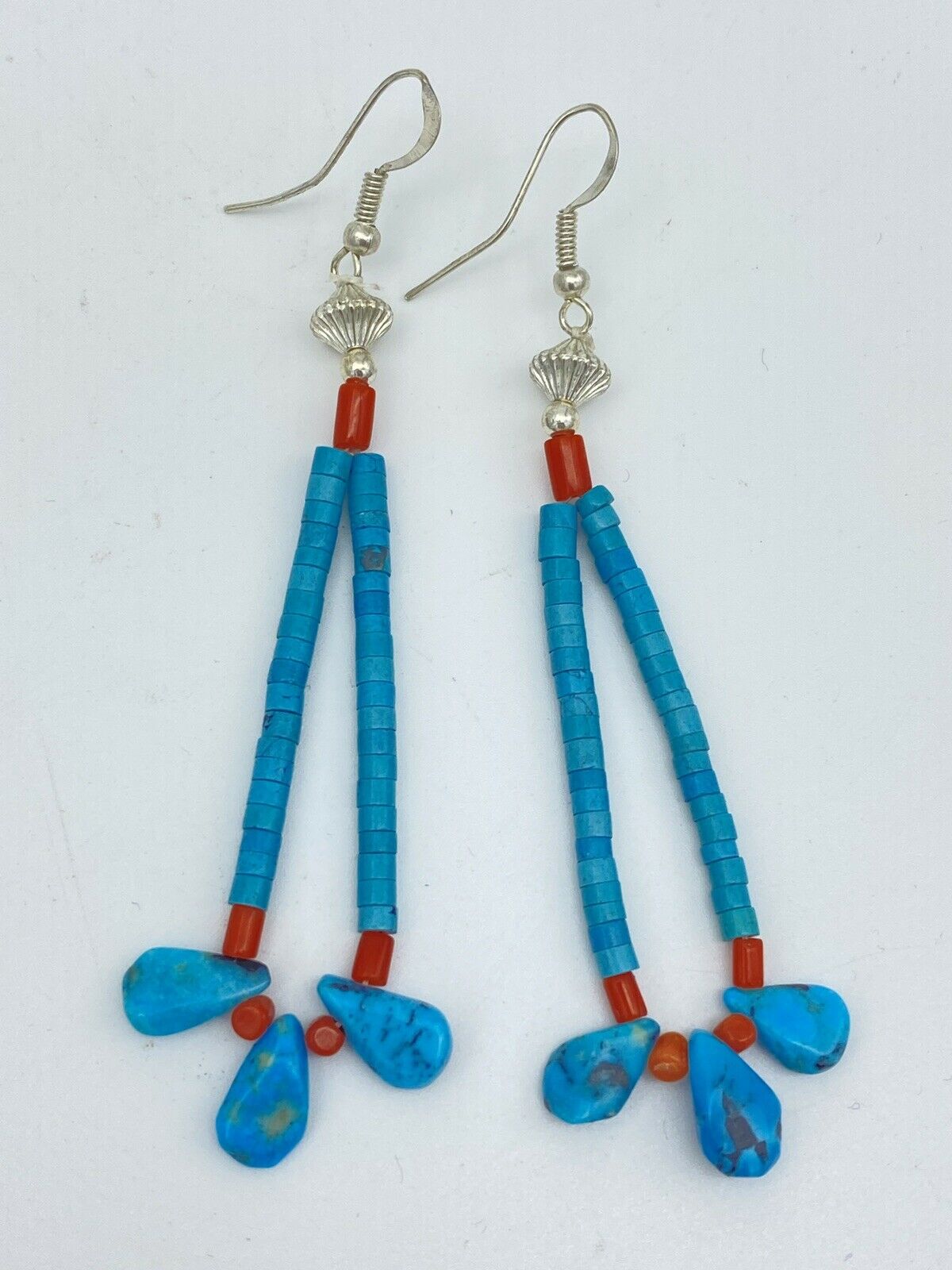 Navajo Silver Turquoise Earrings Coral Bead Southwest Dangle Earrings