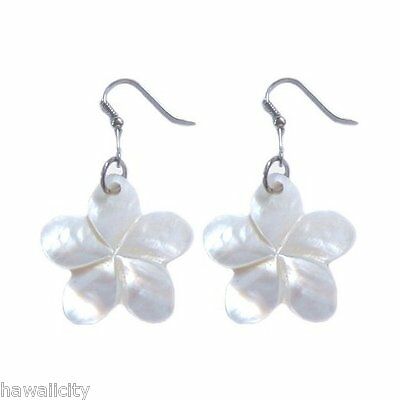 Hawaiian Jewelry White Plumeria Flower Hand Carved Shell Pierce Hawaii Earrings