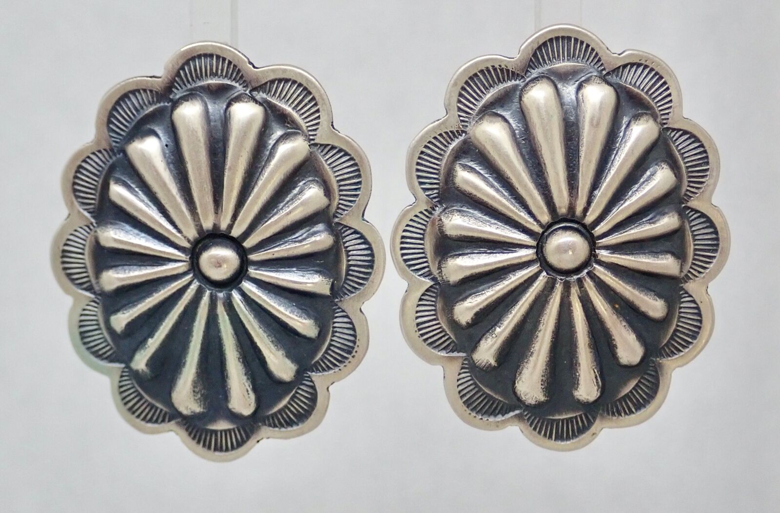 Navajo Vintage Sterling Silver Concho Shape Southwest Stamped Pattern Earrings
