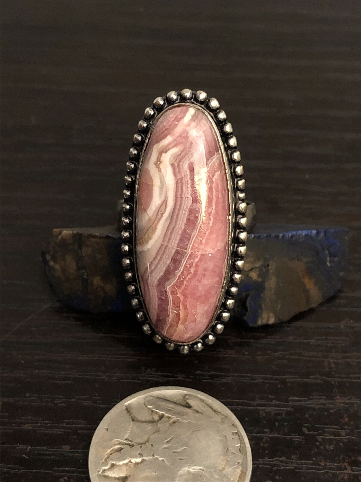 Old Pink Raspberry Lace Canyon Jasper Sterling Silver White Banded Ring Size 7.5